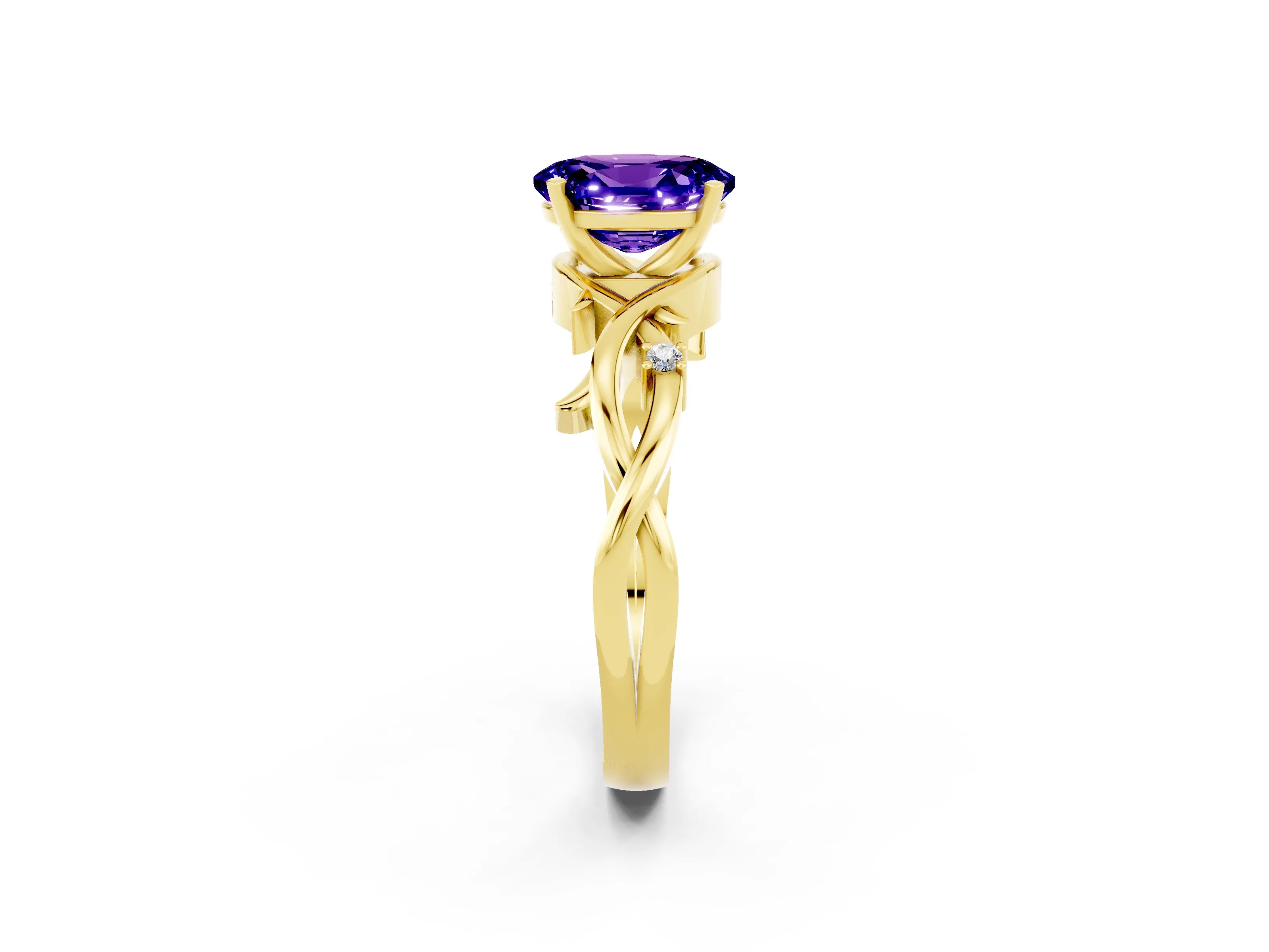 Yellow gold Oval Cut Tanzanite Solitaire Ring with Twisted Band and Prong Setting_2
