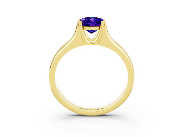 Yellow gold Oval Cut Tanzanite Solitaire Ring with Wide Band and Prong Setting