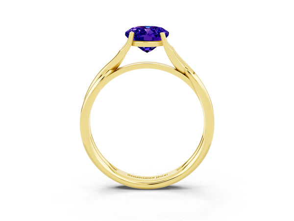 Yellow gold Oval Cut Tanzanite Solitaire Twist Band Prong Setting Ring