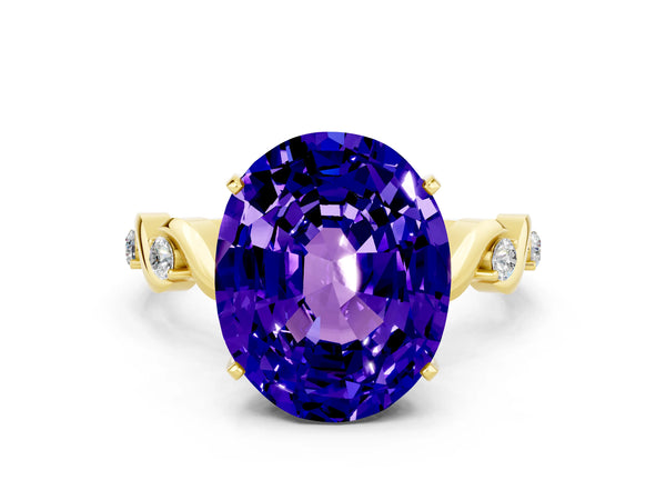 Yellow gold Oval Cut Tanzanite Solitaire Twisted Band with Round  Accents and Prong Setting