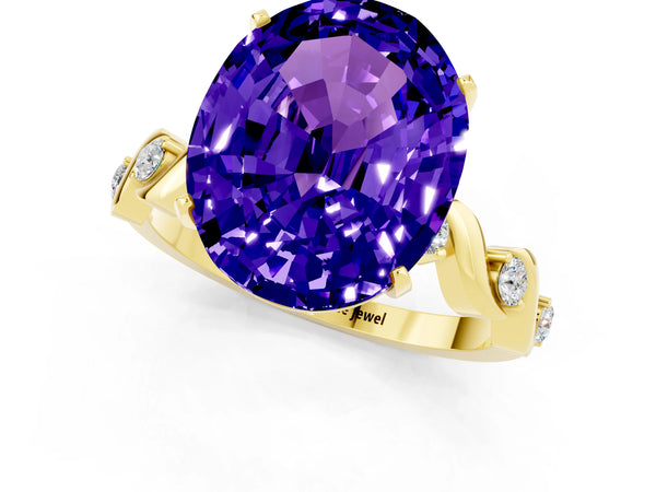 Yellow gold Oval Cut Tanzanite Solitaire Twisted Band with Round  Accents and Prong Setting