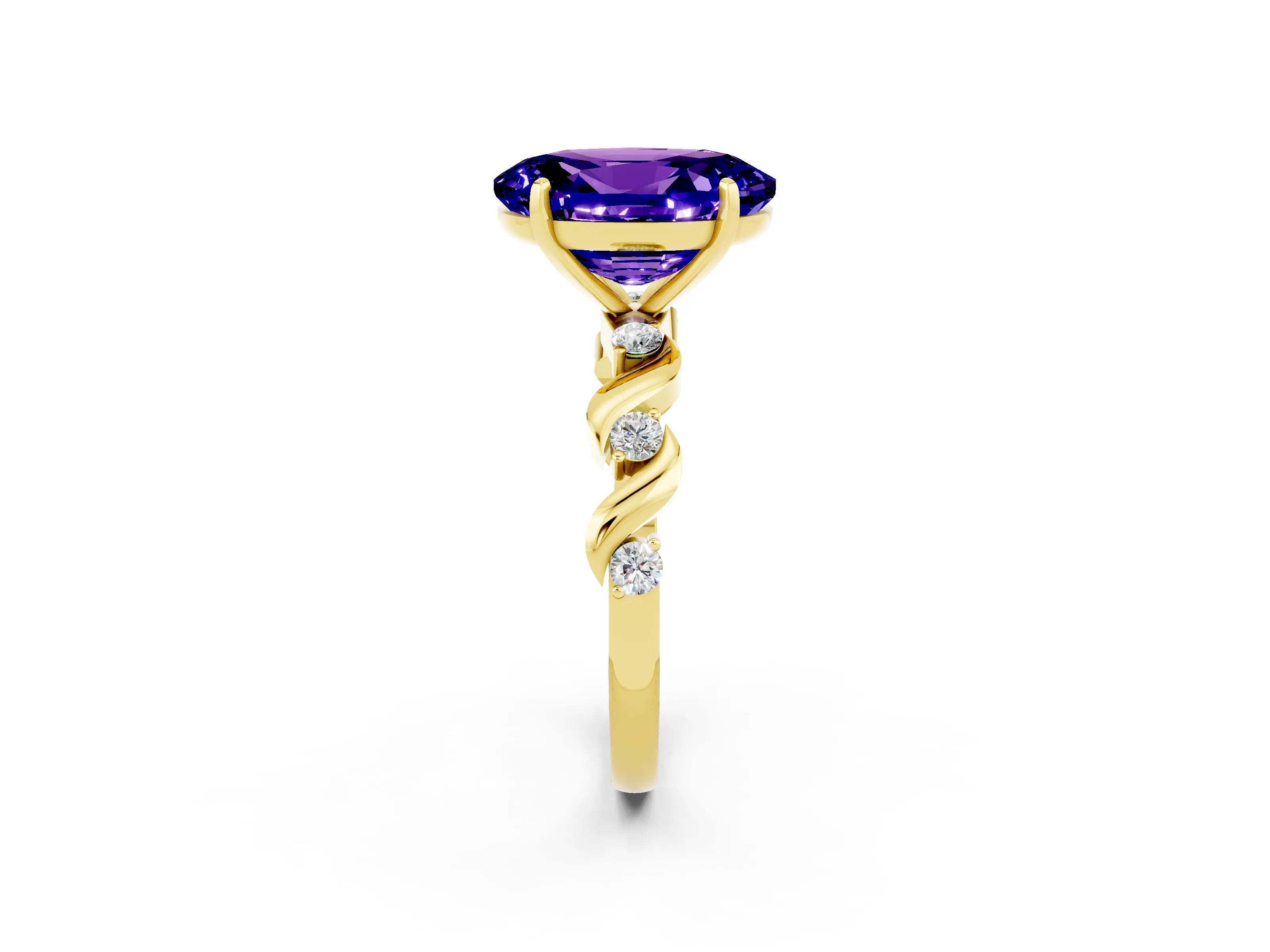 Yellow gold Oval Cut Tanzanite Solitaire Twisted Band with Round  Accents and Prong Setting_14