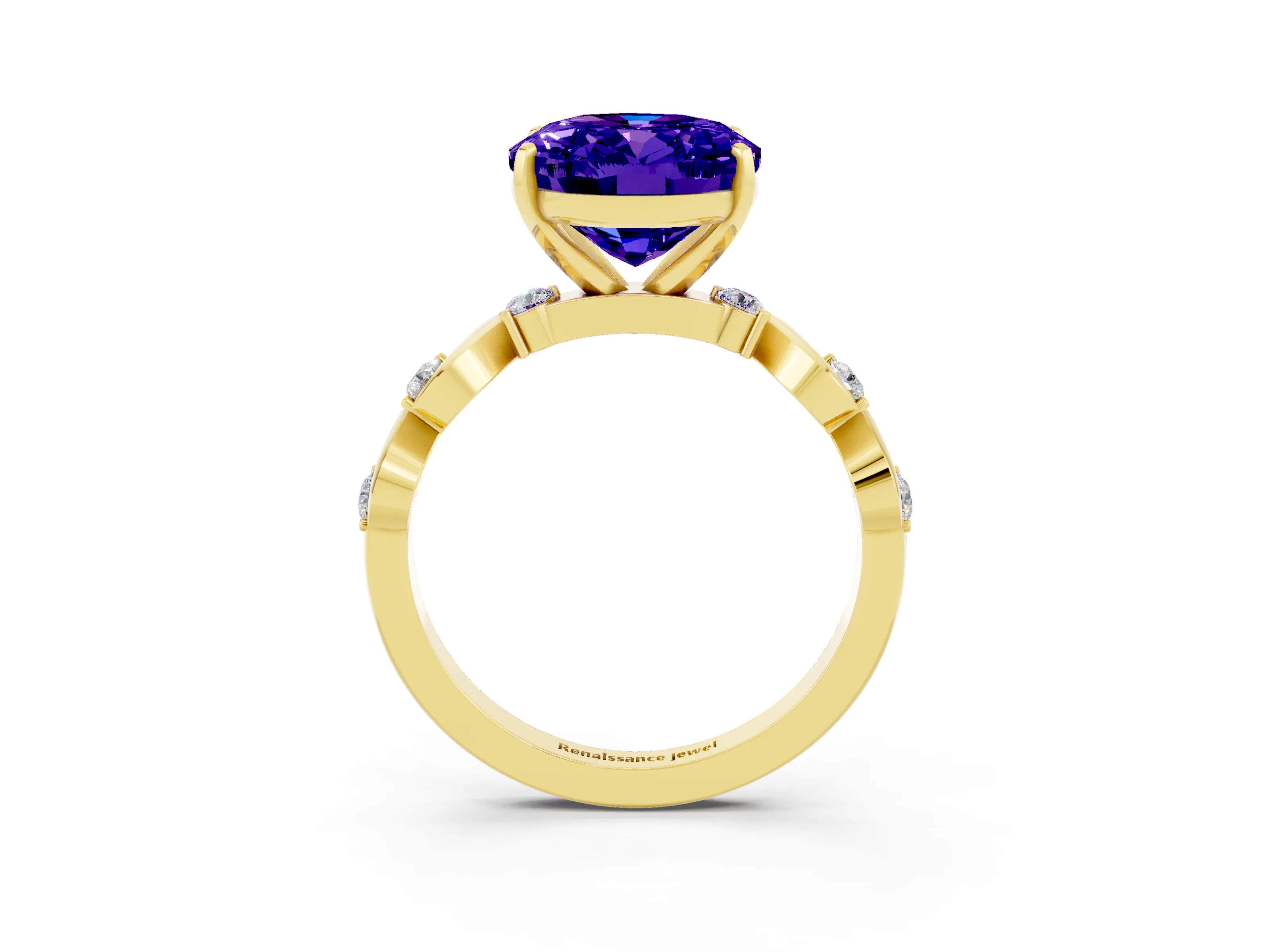 Yellow gold Oval Cut Tanzanite Solitaire Twisted Band with Round  Accents and Prong Setting_15