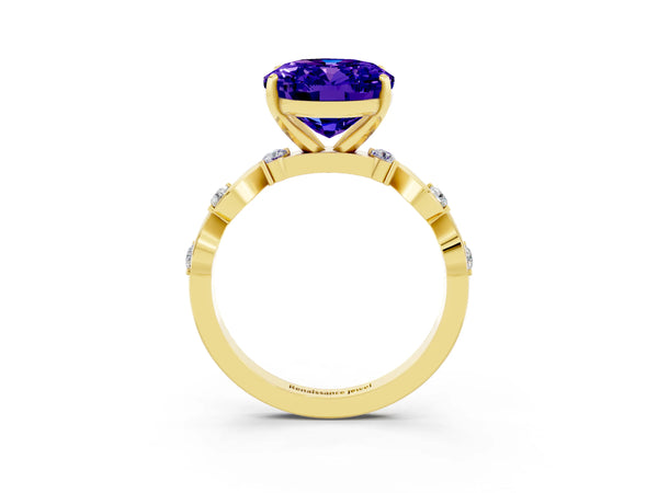 Yellow gold Oval Cut Tanzanite Solitaire Twisted Band with Round  Accents and Prong Setting