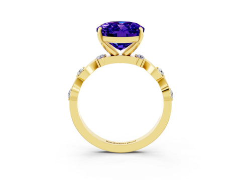 Yellow gold Oval Cut Tanzanite Solitaire Twisted Band with Round  Accents and Prong Setting_15