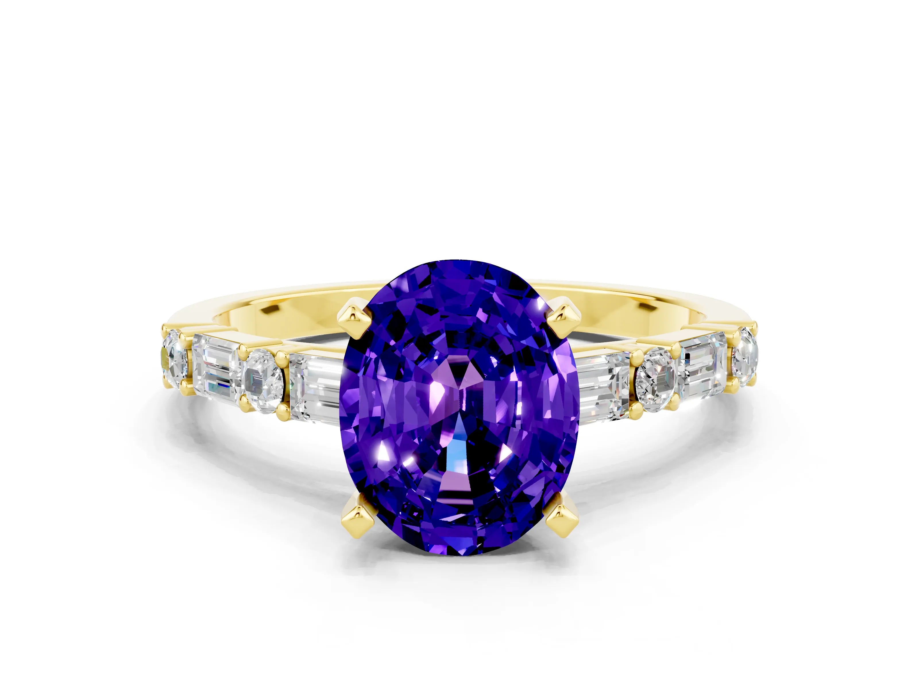 Yellow gold Oval Cut Tanzanite Solitaire with Side Baguettes and Channel Set Band