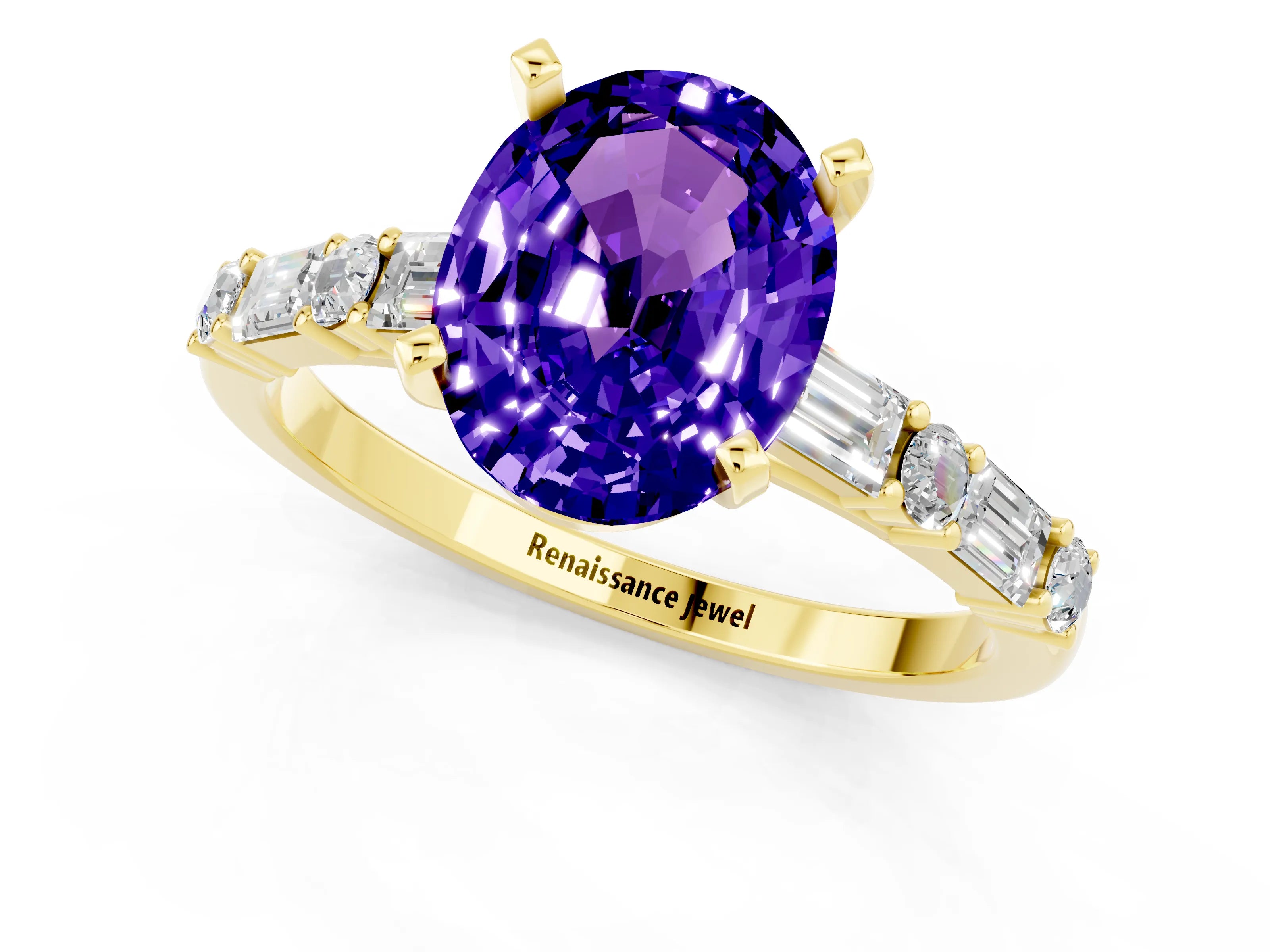 Yellow gold Oval Cut Tanzanite Solitaire with Side Baguettes and Channel Set Band_1