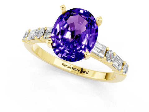 Yellow gold Oval Cut Tanzanite Solitaire with Side Baguettes and Channel Set Band_1