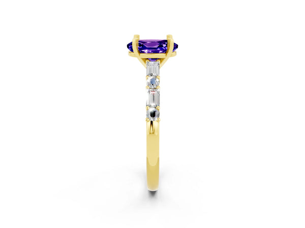 Yellow gold Oval Cut Tanzanite Solitaire with Side Baguettes and Channel Set Band