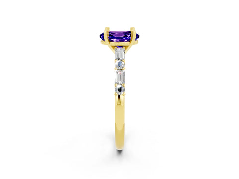 Yellow gold Oval Cut Tanzanite Solitaire with Side Baguettes and Channel Set Band_2