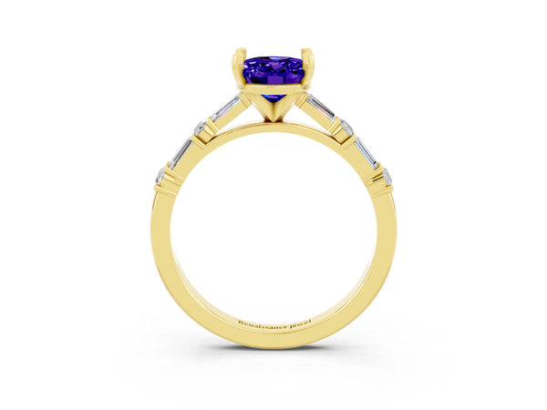Yellow gold Oval Cut Tanzanite Solitaire with Side Baguettes and Channel Set Band