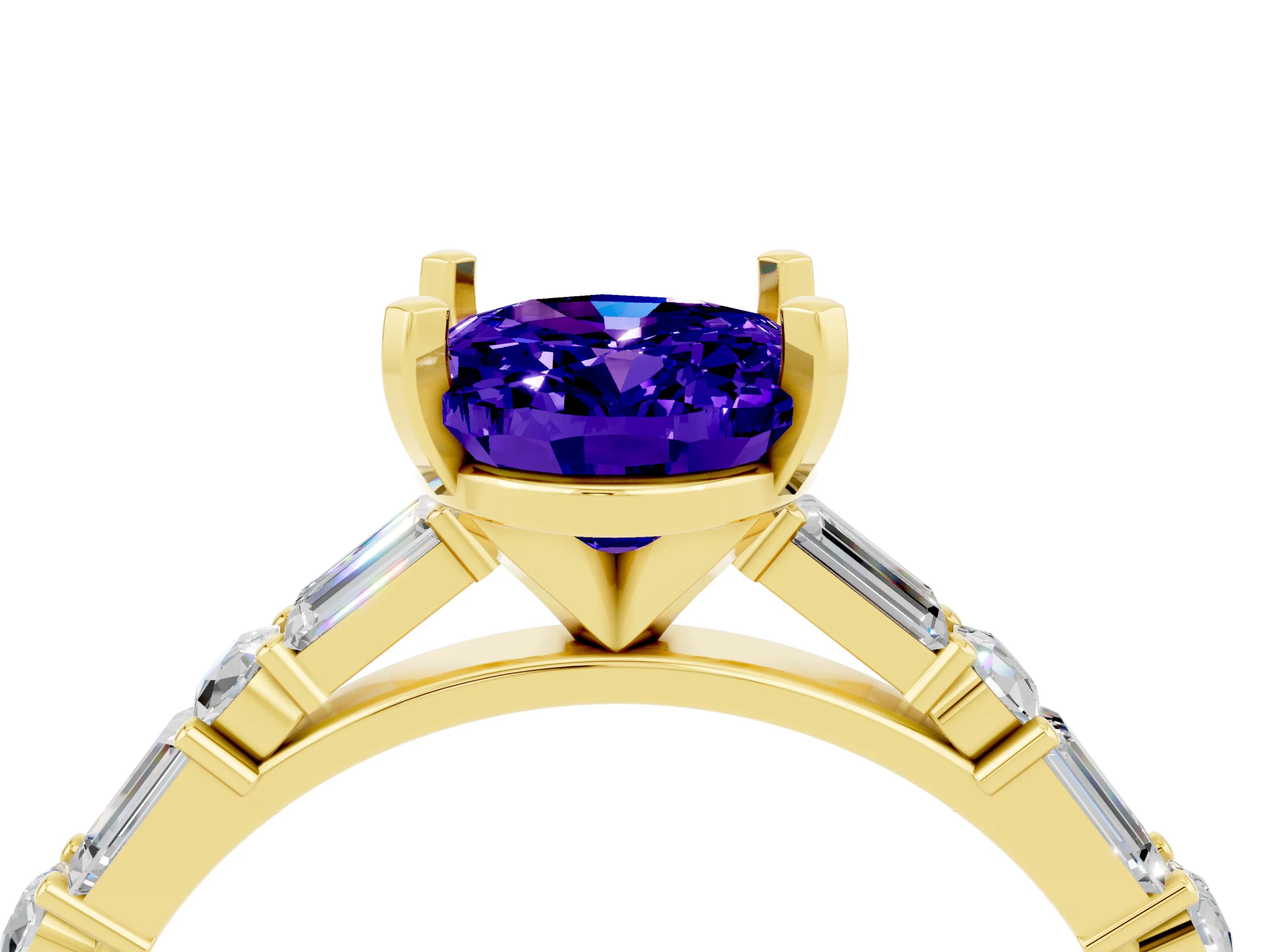 Yellow gold Oval Cut Tanzanite Solitaire with Side Baguettes and Channel Set Band_4