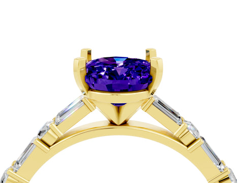 Yellow gold Oval Cut Tanzanite Solitaire with Side Baguettes and Channel Set Band_4