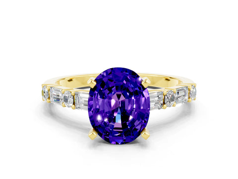 Yellow gold Oval Cut Tanzanite Solitaire with Side Baguettes and Channel Set Band