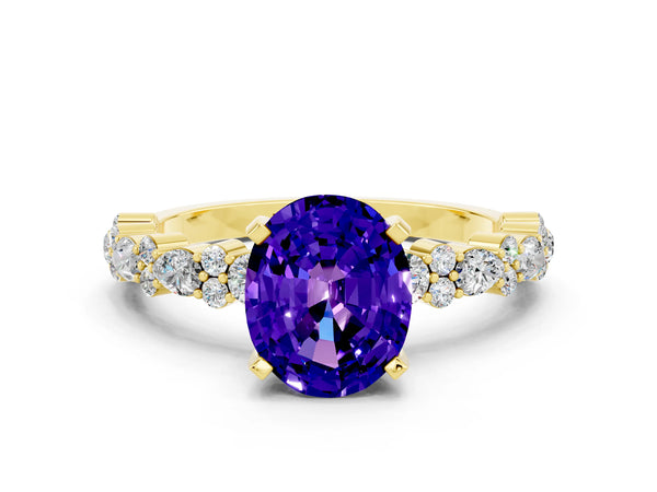 Yellow gold Oval Cut Tanzanite Side Stone Solitaire Ring with Round  and Four-Prong Setting