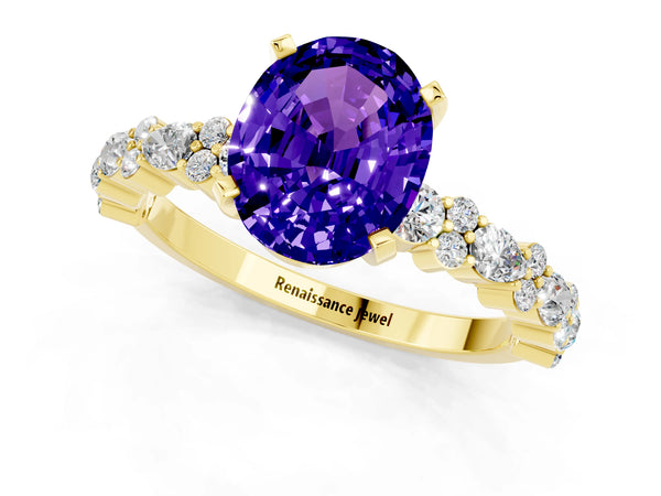 Yellow gold Oval Cut Tanzanite Side Stone Solitaire Ring with Round  and Four-Prong Setting