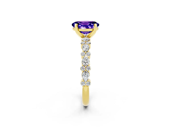 Yellow gold Oval Cut Tanzanite Side Stone Solitaire Ring with Round  and Four-Prong Setting