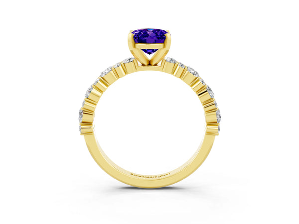Yellow gold Oval Cut Tanzanite Side Stone Solitaire Ring with Round  and Four-Prong Setting