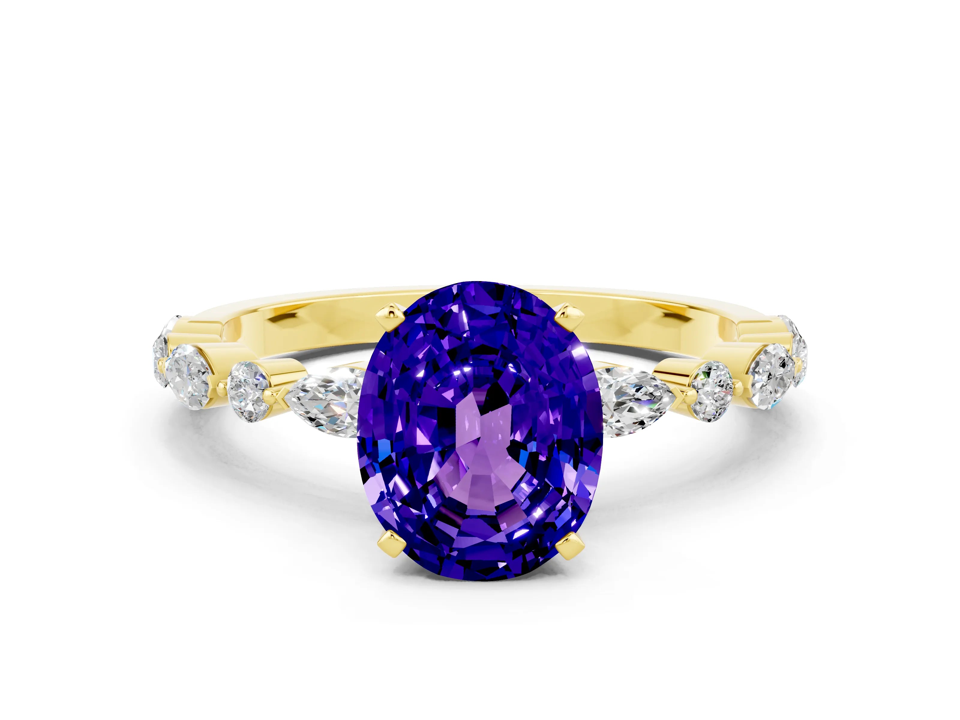 Yellow gold Oval Cut Tanzanite Solitaire with Side Stones on a Pavé Band and Four-Prong Setting