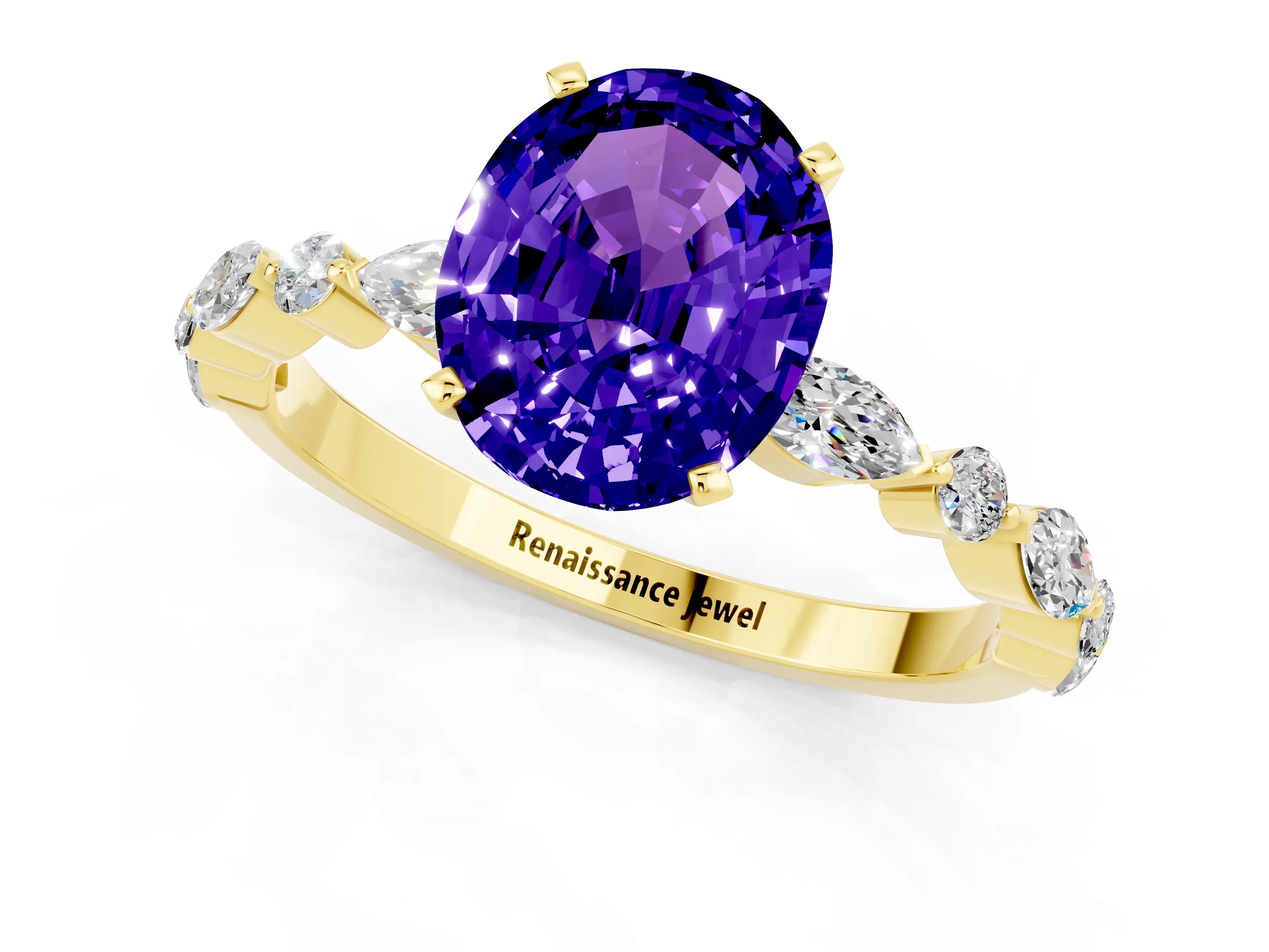 Yellow gold Oval Cut Tanzanite Solitaire with Side Stones on a Pavé Band and Four-Prong Setting_1