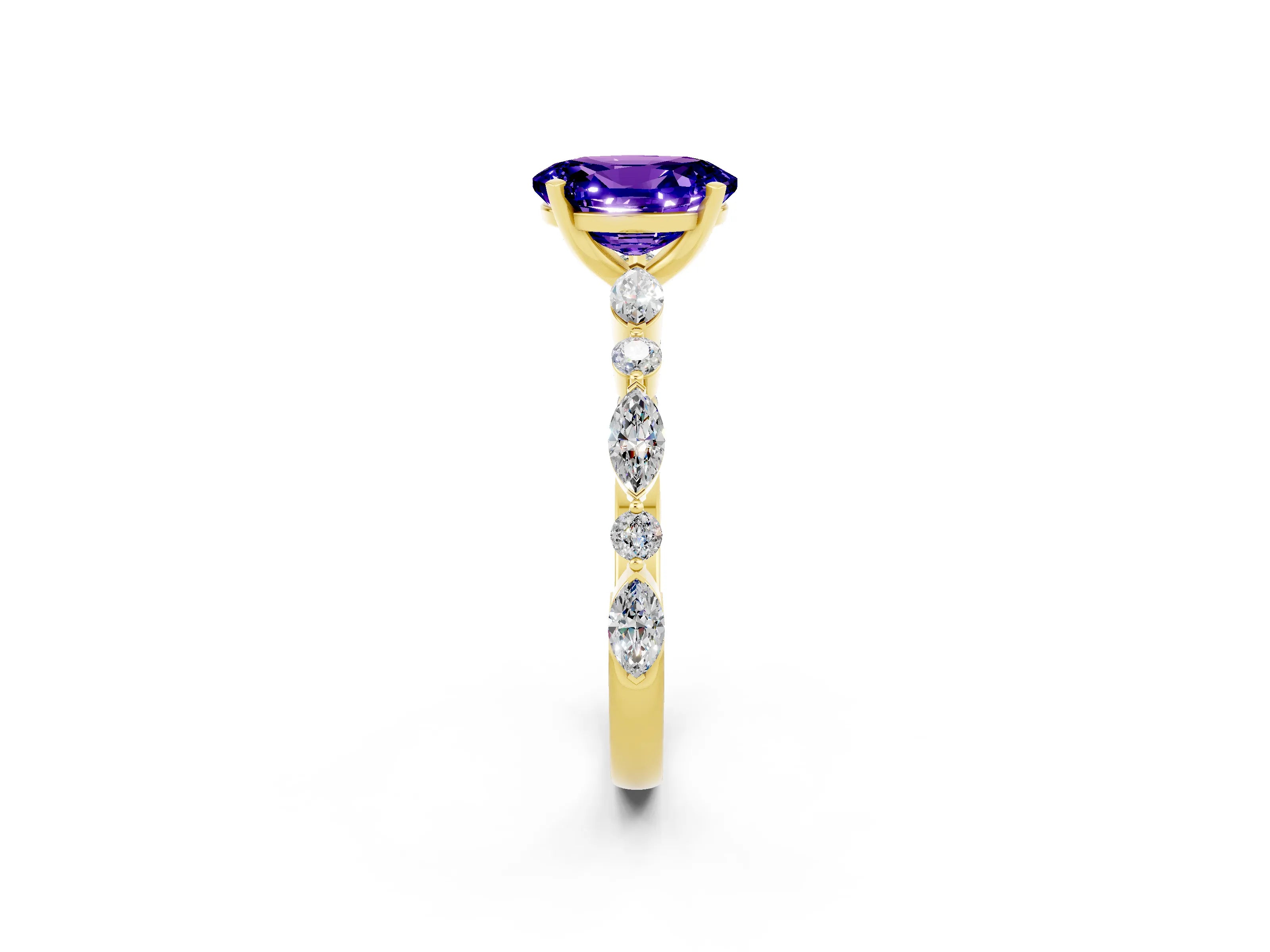 Yellow gold Oval Cut Tanzanite Solitaire with Side Stones on a Pavé Band and Four-Prong Setting_2