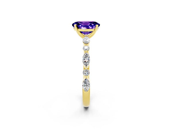 Yellow gold Oval Cut Tanzanite Ring with Marquise and Round  Side Stones and Four-Prong Setting