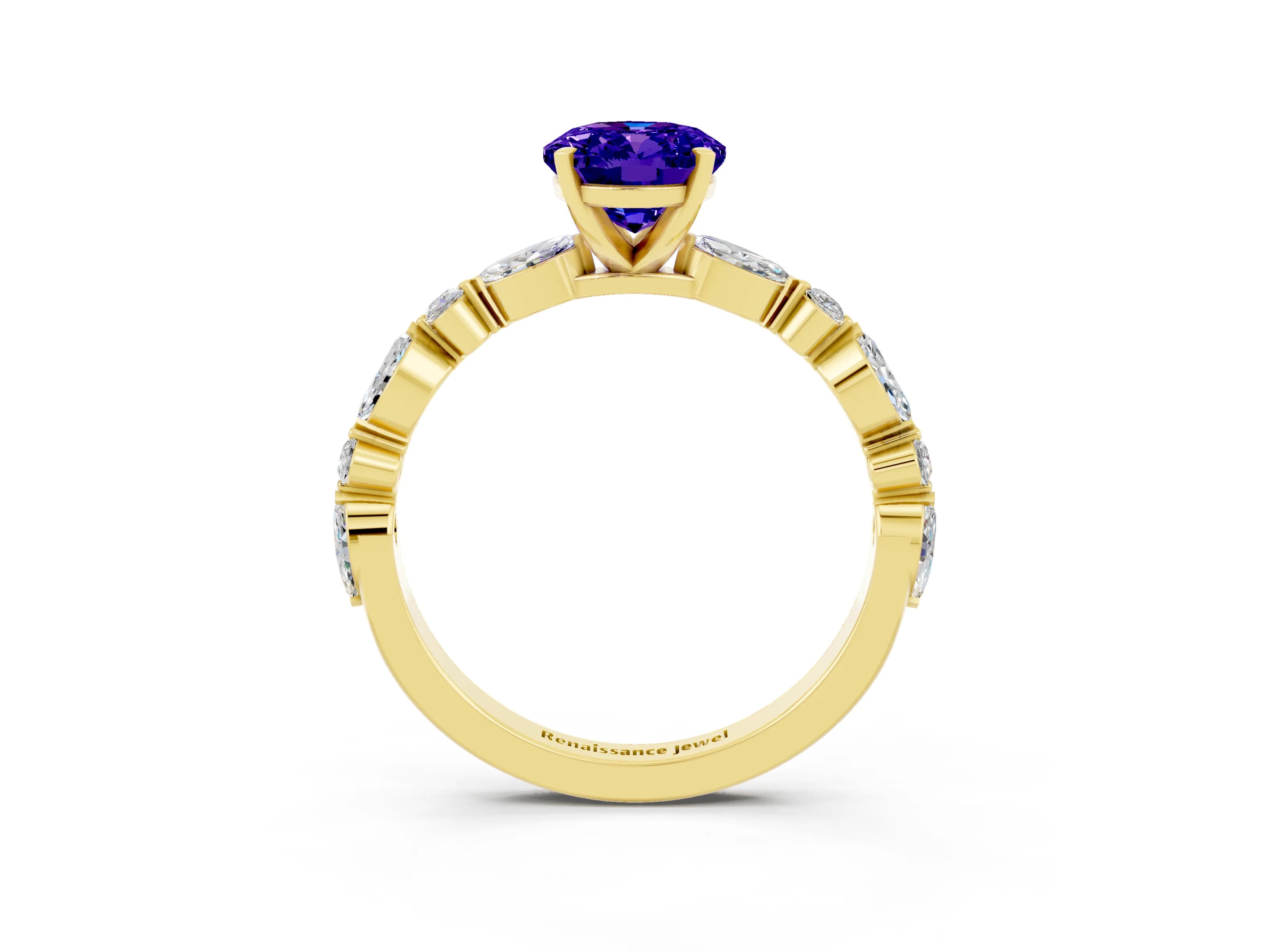 Yellow gold Oval Cut Tanzanite Solitaire with Side Stones on a Pavé Band and Four-Prong Setting_3