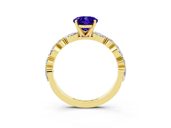 Yellow gold Oval Cut Tanzanite Ring with Marquise and Round  Side Stones and Four-Prong Setting
