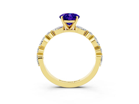 Yellow gold Oval Cut Tanzanite Solitaire with Side Stones on a Pavé Band and Four-Prong Setting_3