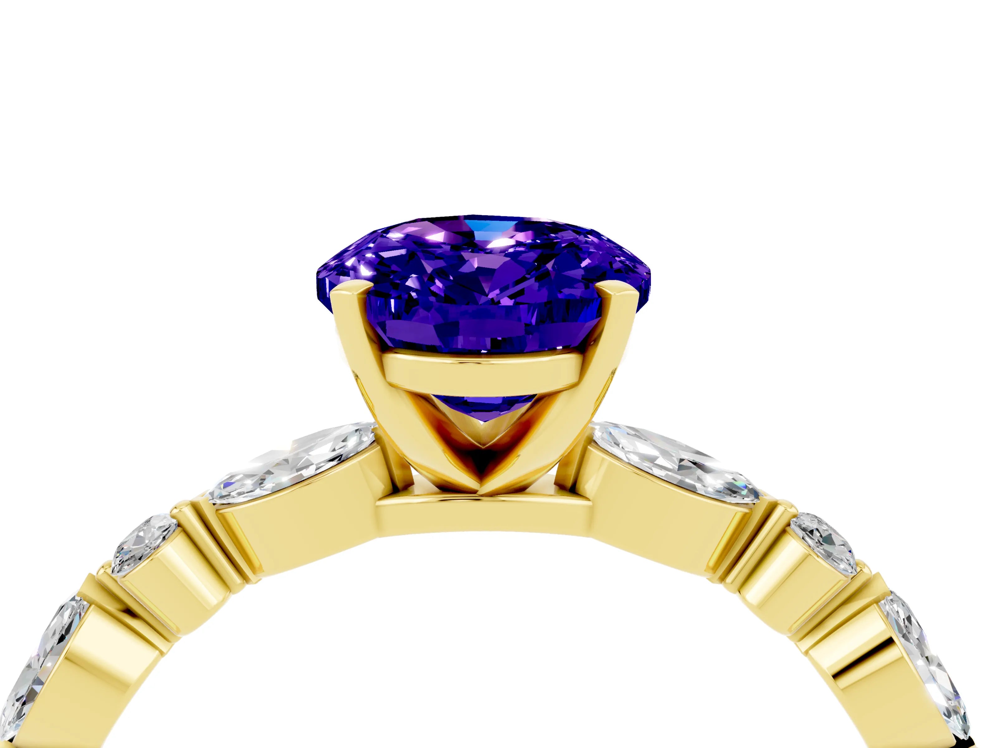 Yellow gold Oval Cut Tanzanite Solitaire with Side Stones on a Pavé Band and Four-Prong Setting_4
