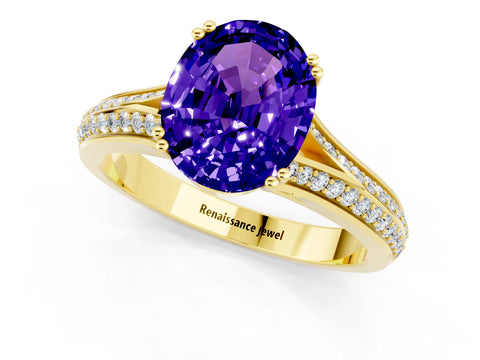 Yellow gold Oval Cut Tanzanite Split Shank Engagement Ring with Pavé Band_1