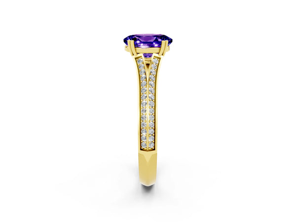 Yellow gold Oval Cut Tanzanite Split Shank Engagement Ring with Pavé Band