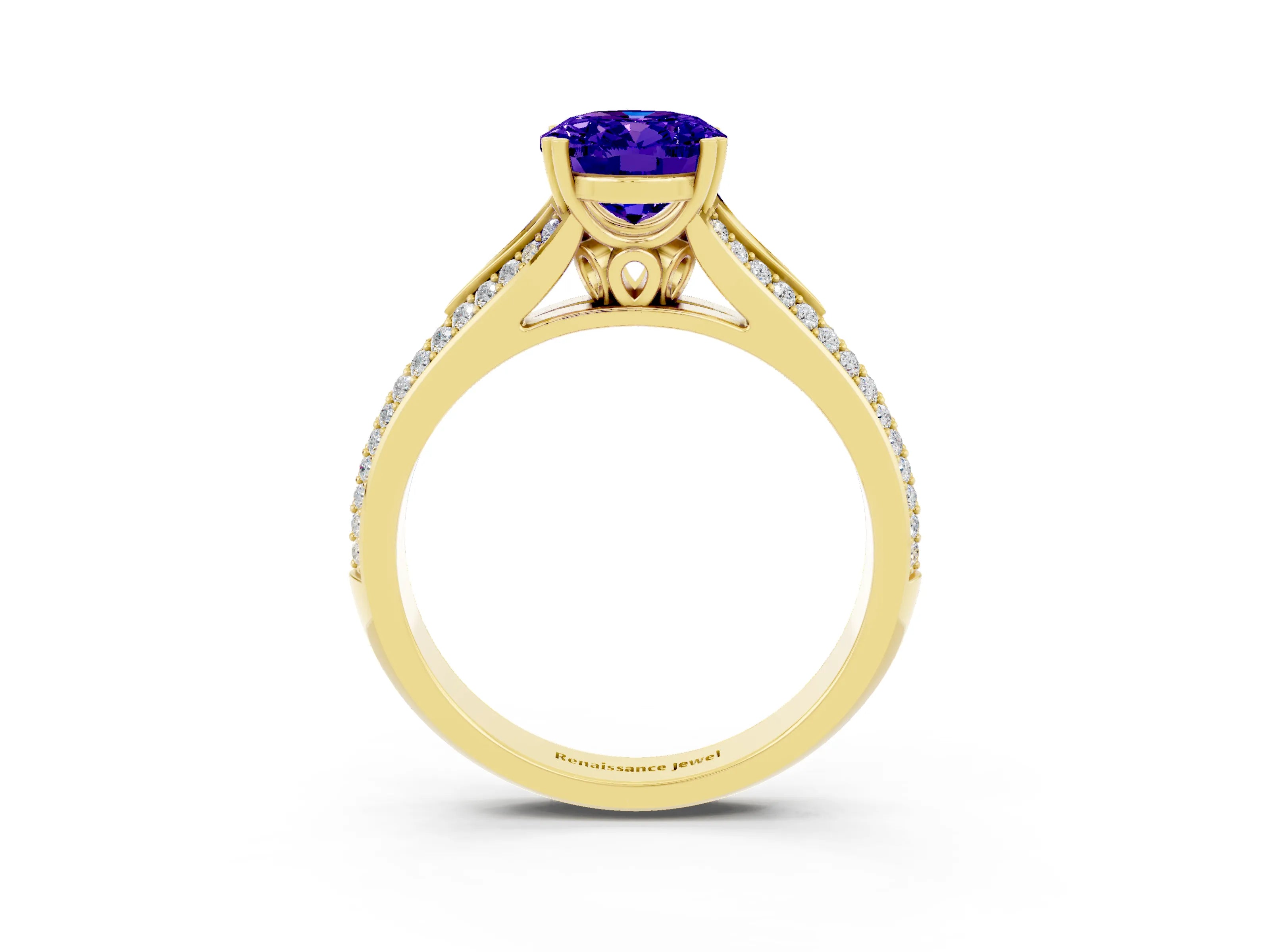 Yellow gold Oval Cut Tanzanite Split Shank Engagement Ring with Pavé Band_3