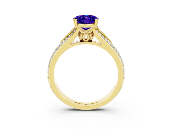 Yellow gold Oval Cut Tanzanite Split Shank Engagement Ring with Pavé Band