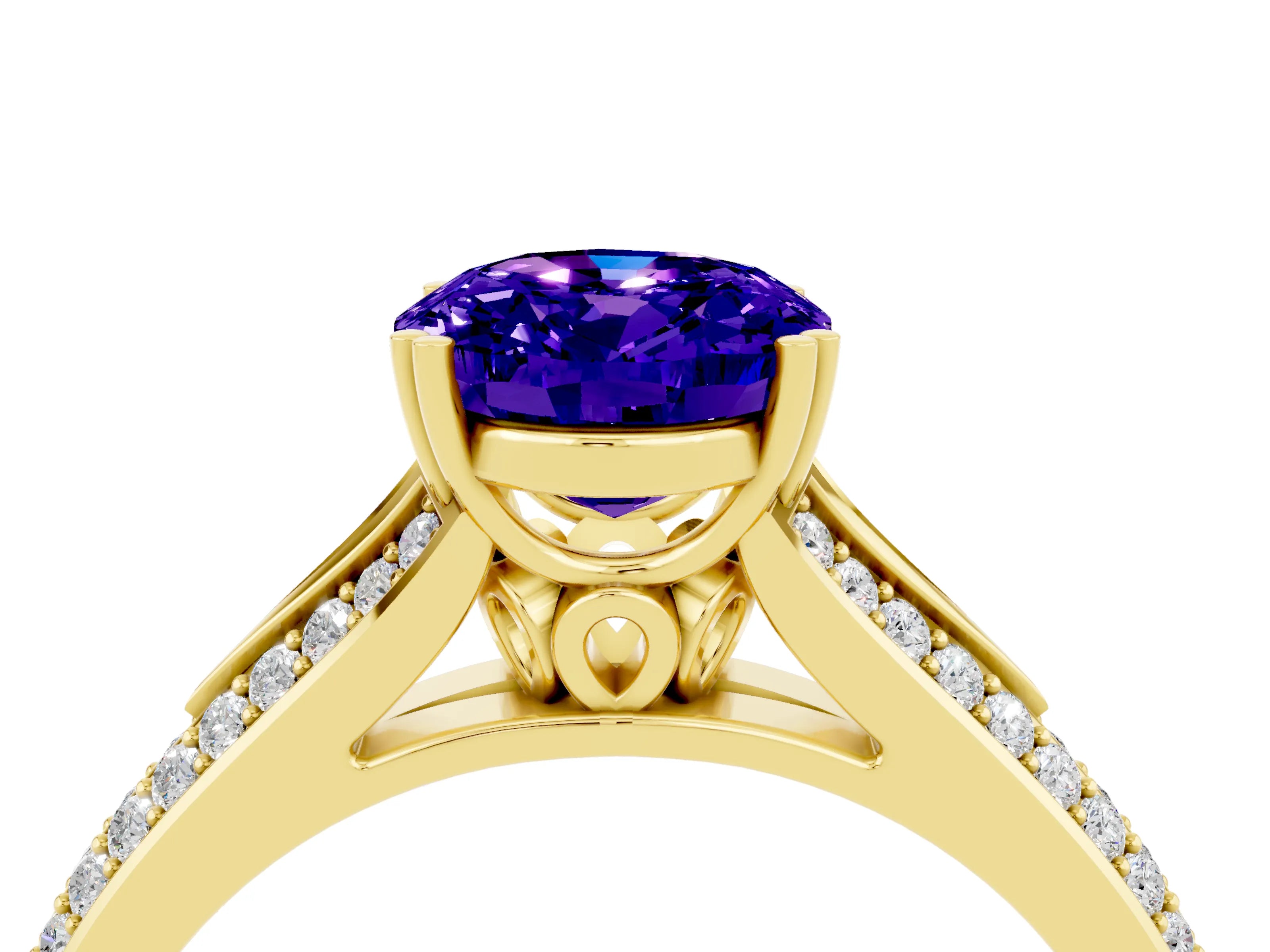 Yellow gold Oval Cut Tanzanite Split Shank Engagement Ring with Pavé Band_4