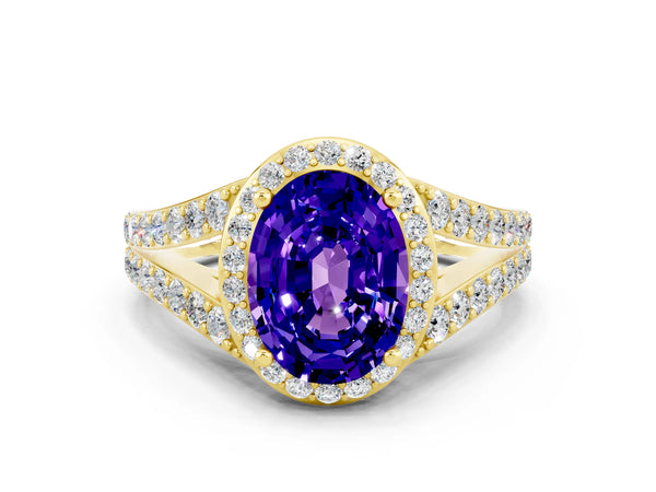 Yellow gold Oval Cut Tanzanite Split Shank Halo Ring with Four-Prong Setting