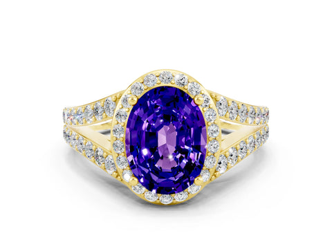 Yellow gold Oval Cut Tanzanite Split Shank Halo Ring with Four-Prong Setting_12