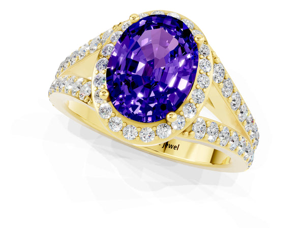 Yellow gold Oval Cut Tanzanite Split Shank Halo Ring with Four-Prong Setting