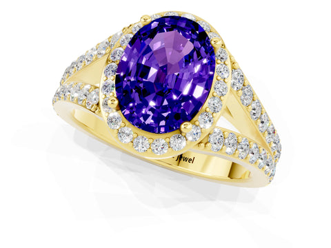 Yellow gold Oval Cut Tanzanite Split Shank Halo Ring with Four-Prong Setting_13