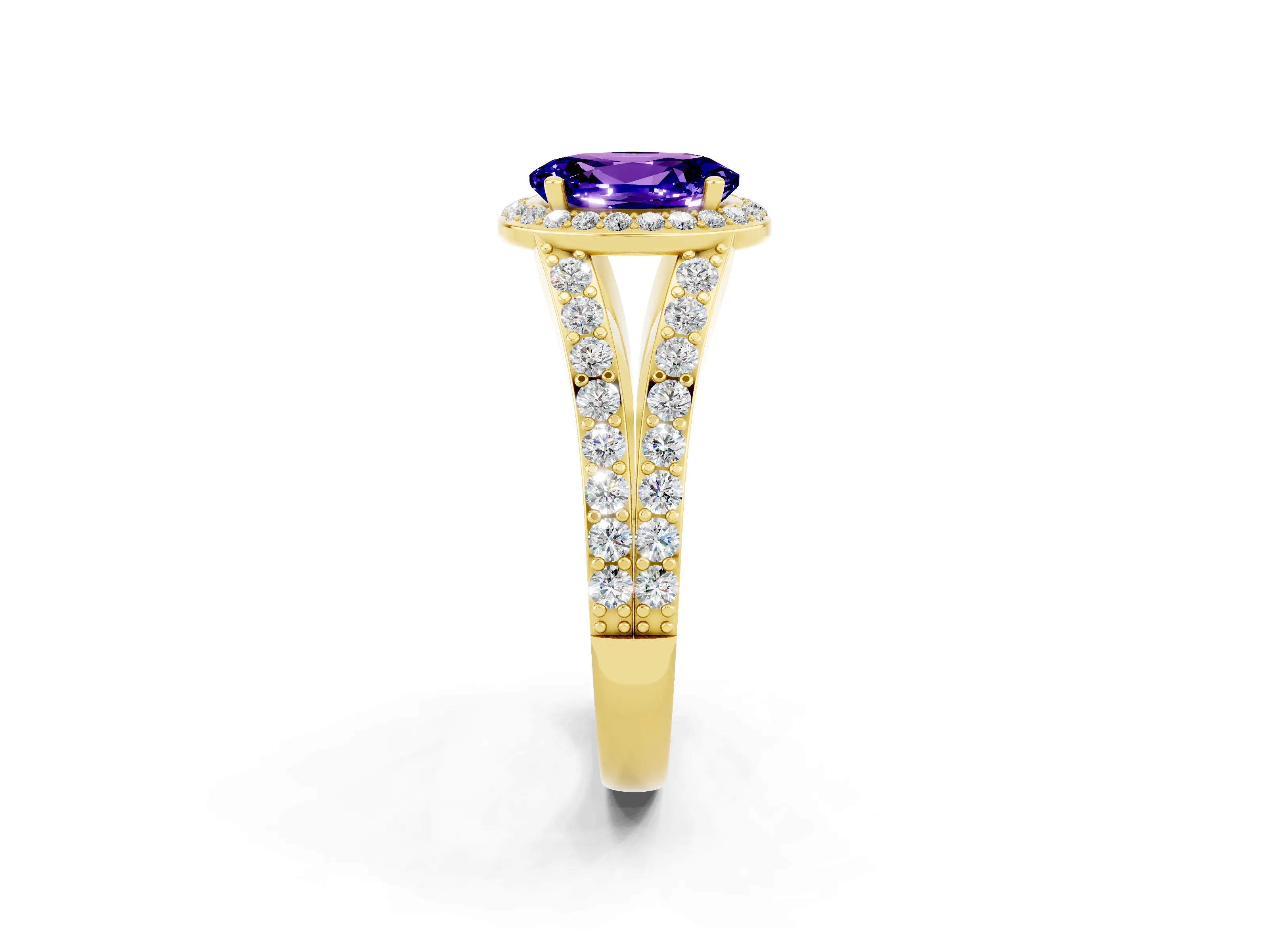 Yellow gold Oval Cut Tanzanite Split Shank Halo Ring with Four-Prong Setting_14