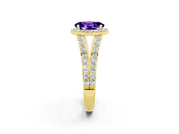 Yellow gold Oval Cut Tanzanite Split Shank Halo Ring with Four-Prong Setting