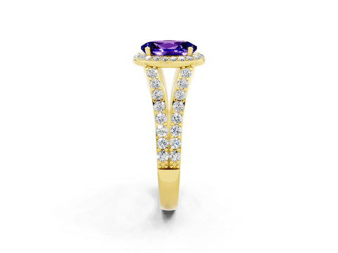 Yellow gold Oval Cut Tanzanite Split Shank Halo Ring with Four-Prong Setting_14