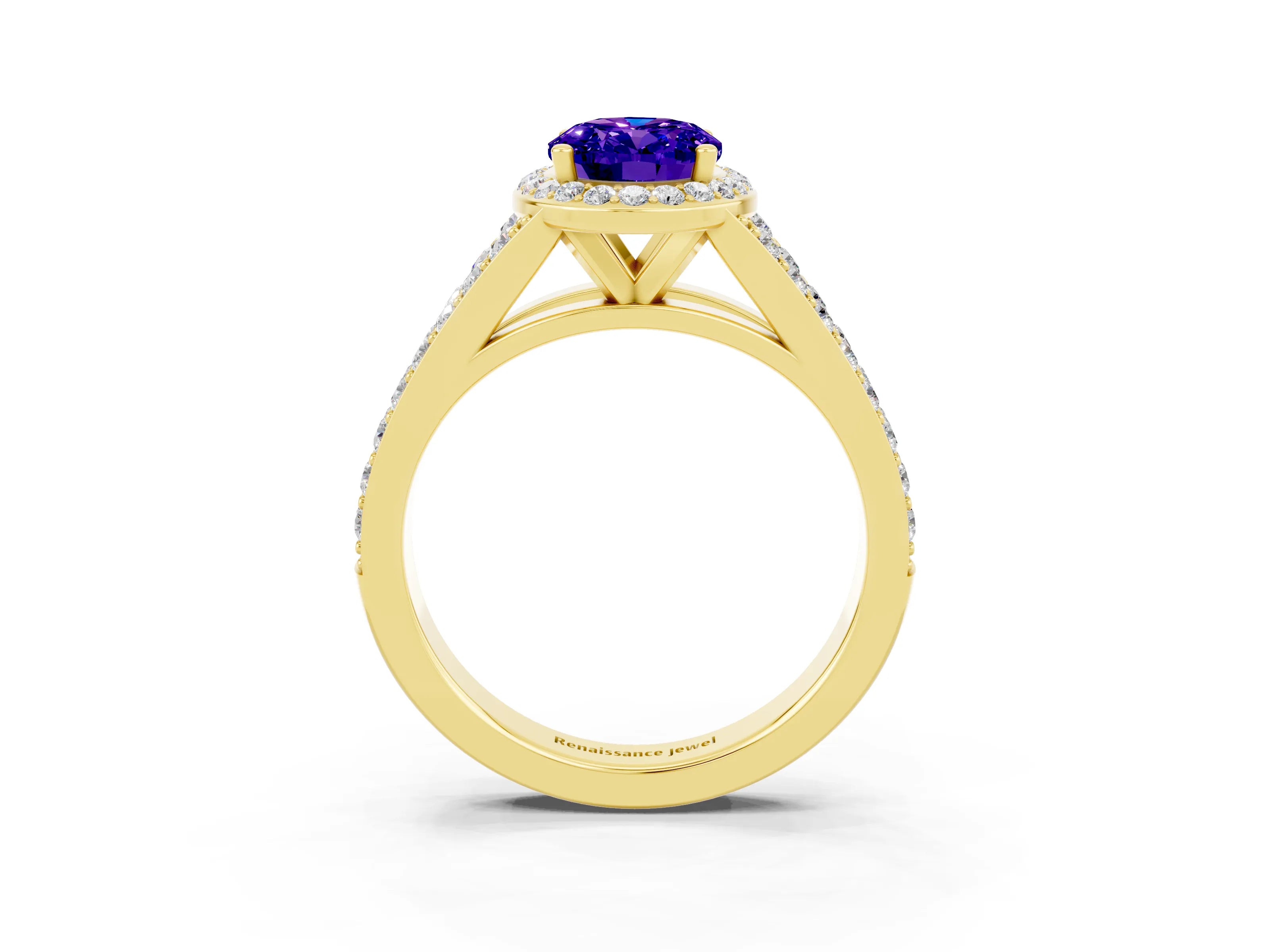 Yellow gold Oval Cut Tanzanite Split Shank Halo Ring with Four-Prong Setting_15