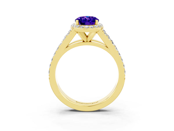 Yellow gold Oval Cut Tanzanite Split Shank Halo Ring with Four-Prong Setting