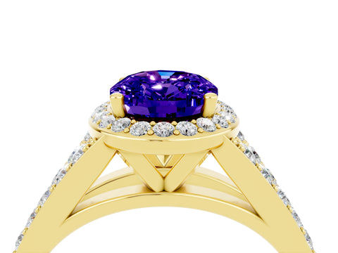 Yellow gold Oval Cut Tanzanite Split Shank Halo Ring with Four-Prong Setting_16