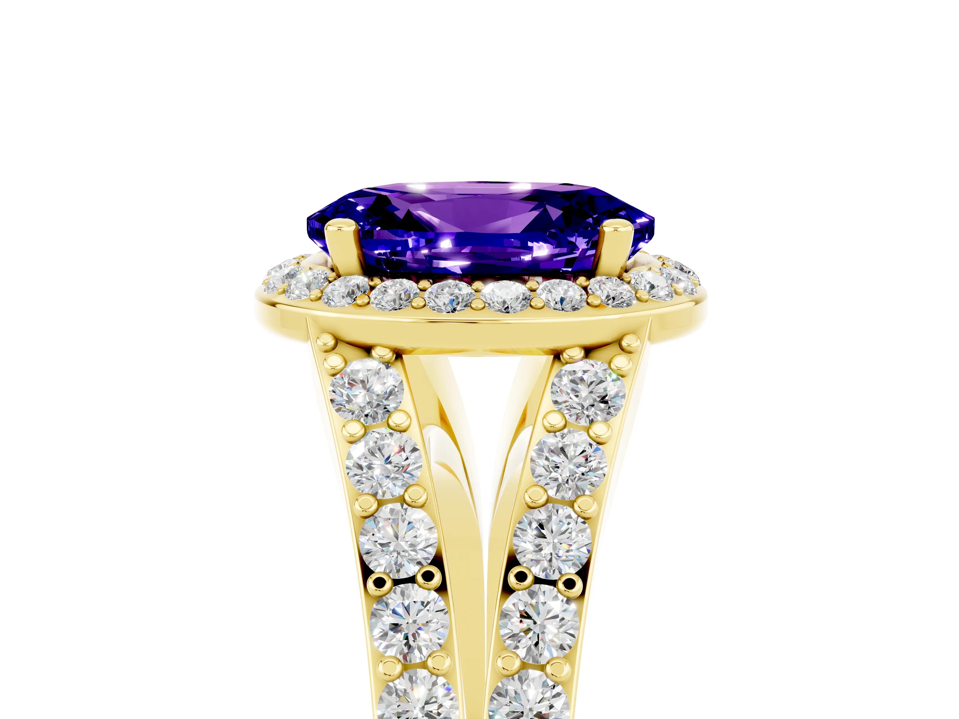 Yellow gold Oval Cut Tanzanite Split Shank Halo Ring with Four-Prong Setting_17