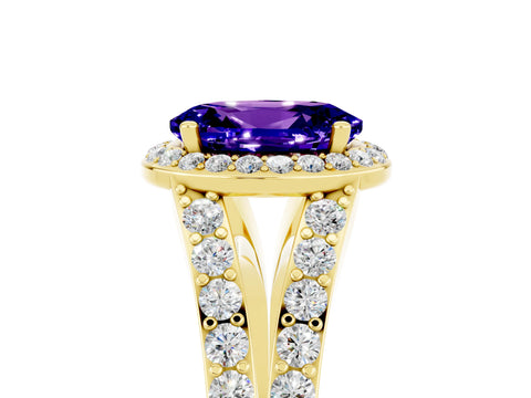 Yellow gold Oval Cut Tanzanite Split Shank Halo Ring with Four-Prong Setting_17