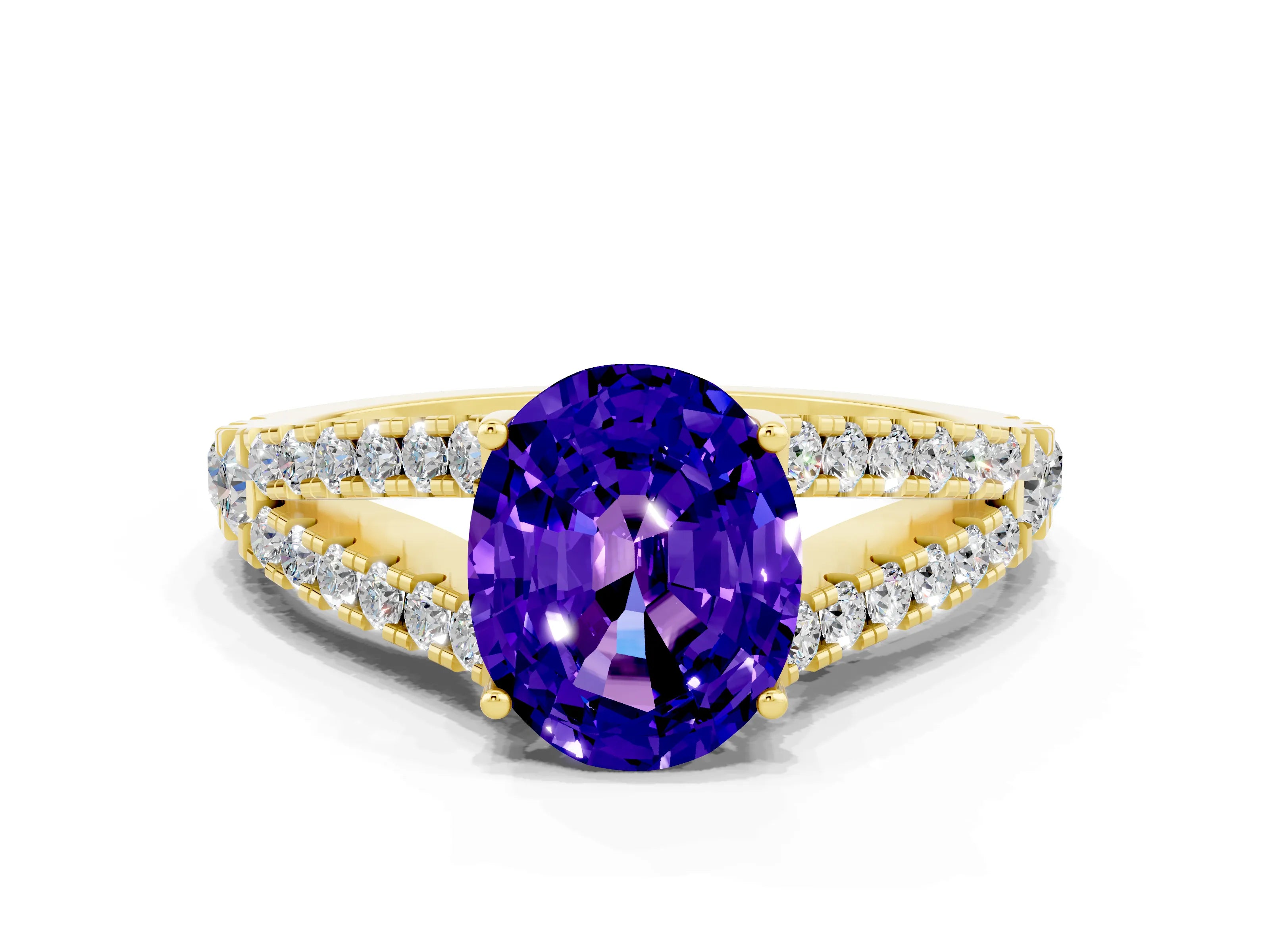 Yellow gold Oval Cut Tanzanite Split Shank Pavé Engagement Ring with Four-Prong Setting_12