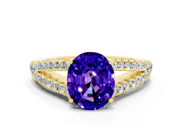 Yellow gold Oval Cut Tanzanite Split Shank Pavé Engagement Ring with Four-Prong Setting