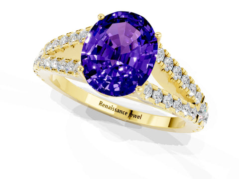 Yellow gold Oval Cut Tanzanite Split Shank Pavé Engagement Ring with Four-Prong Setting_13